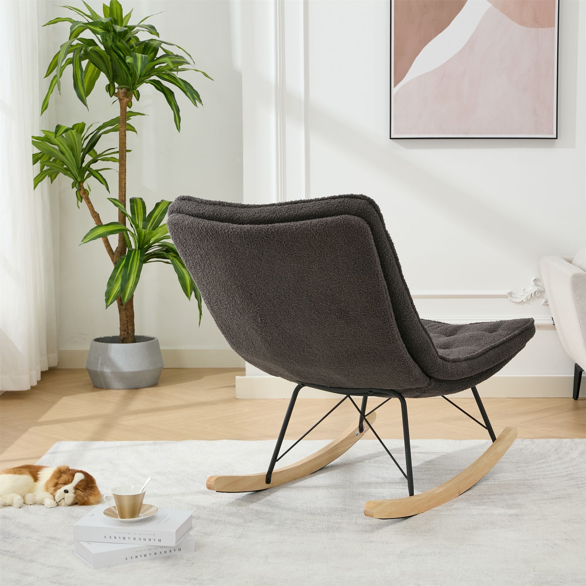 Armless Upholstered Lounge Chair with Wide Backrest and Wooden Rocking Base – Comfortable and Stylish