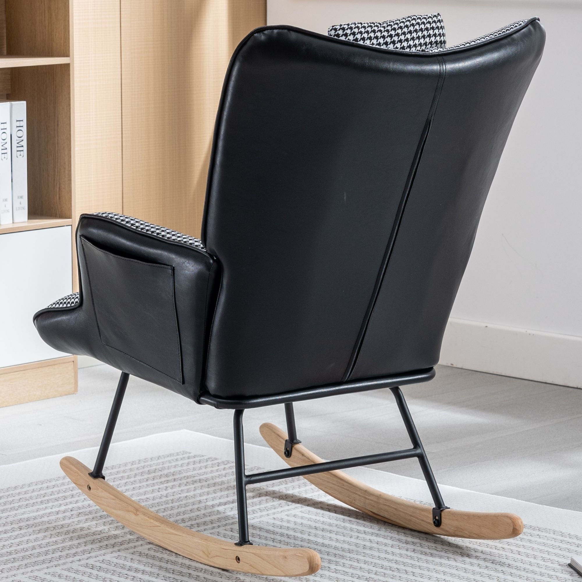 35.5-Inch Rocking Chair, Cozy Reading Chair with Houndstooth and Leather Upholstery, Comfortable Wingback Glider for Nursery, Living Room, Bedroom, or Balcony