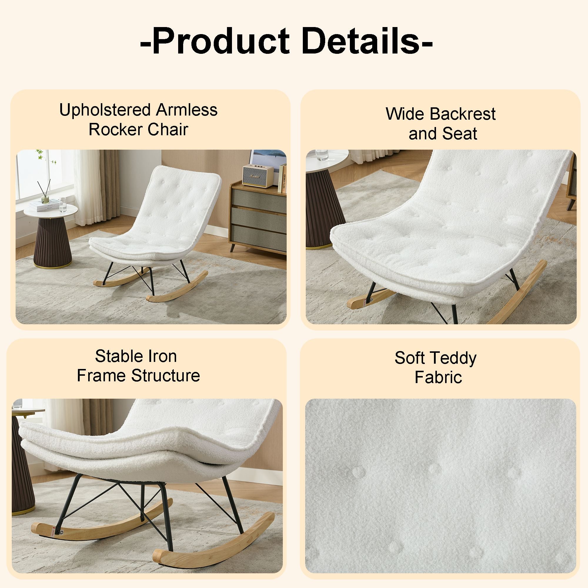 Armless Upholstered Lounge Chair with Wide Backrest and Wooden Rocking Base – Comfortable and Stylish