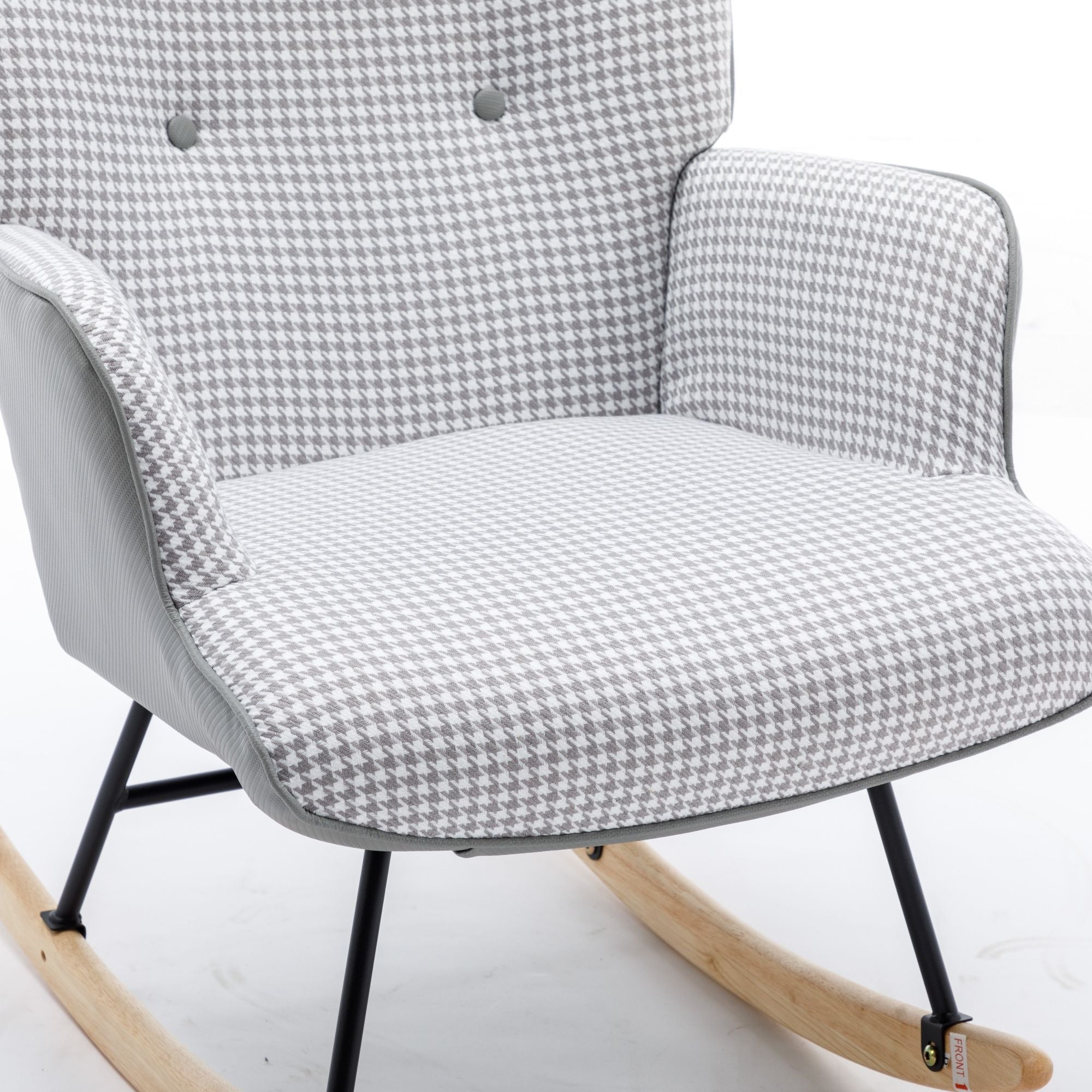 35.5-Inch Rocking Chair, Cozy Reading Chair with Houndstooth and Leather Upholstery, Comfortable Wingback Glider for Nursery, Living Room, Bedroom, or Balcony