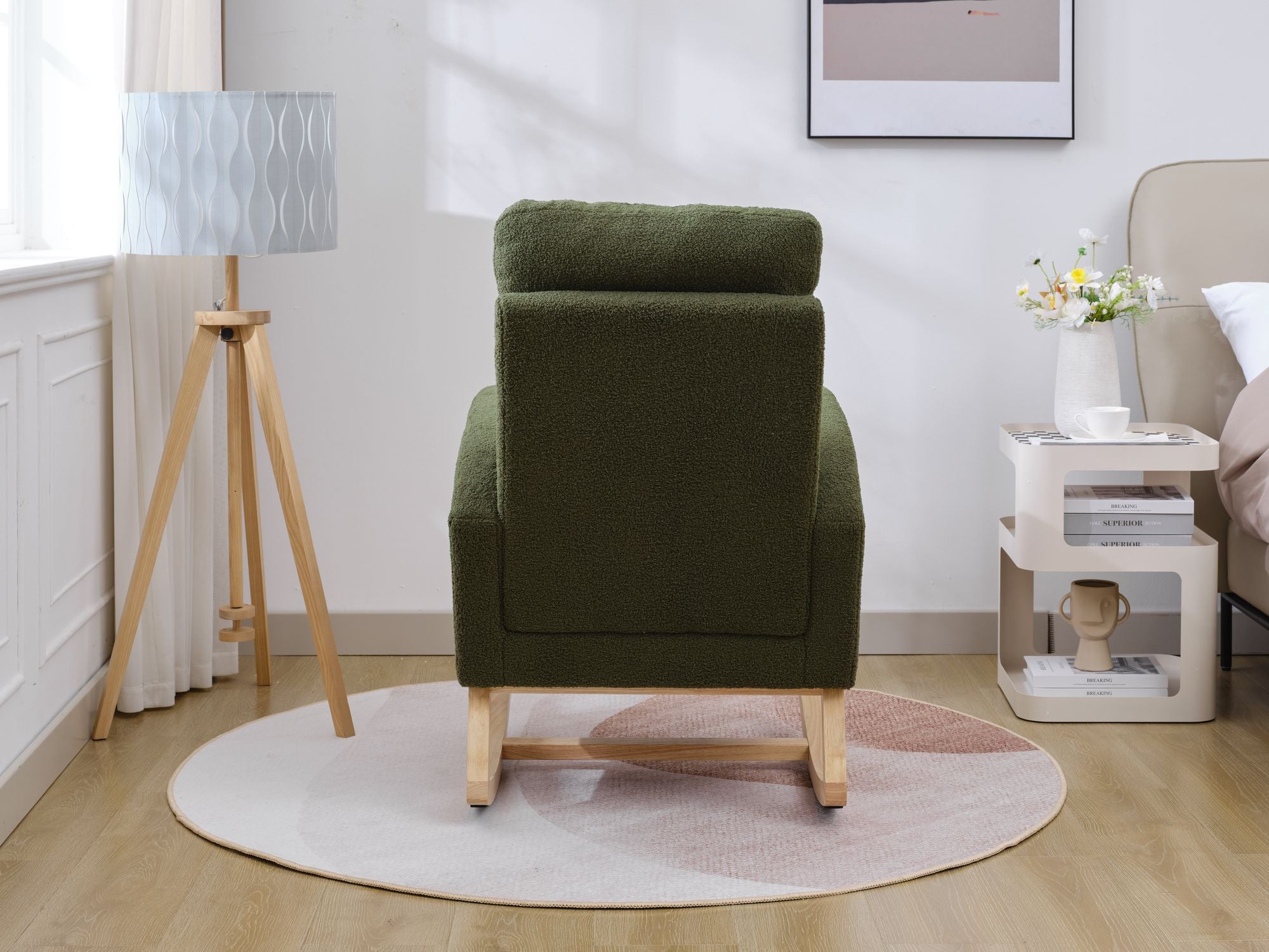 Modern Upholstered Rocking Chair with Solid Wood Legs, High Backrest, Side Pocket, and Comfy Armrests – Nursery Glider and Living Room Accent Chair