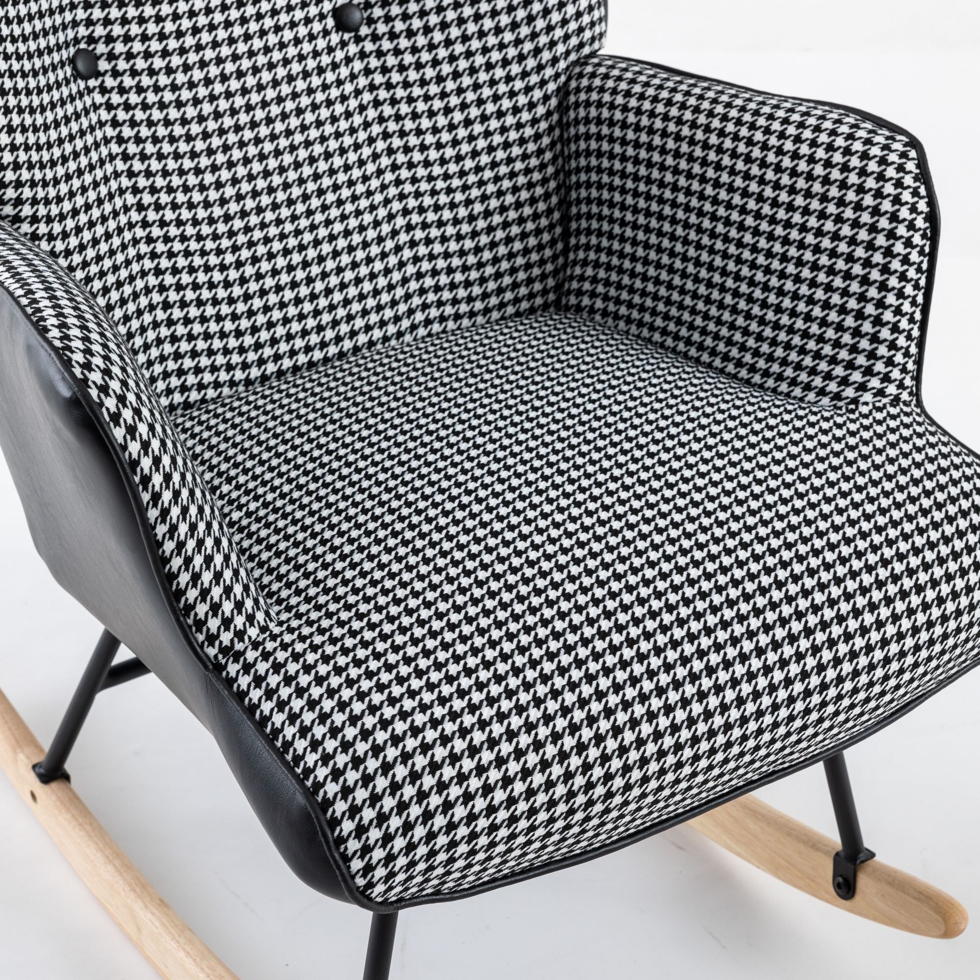 35.5-Inch Rocking Chair, Cozy Reading Chair with Houndstooth and Leather Upholstery, Comfortable Wingback Glider for Nursery, Living Room, Bedroom, or Balcony