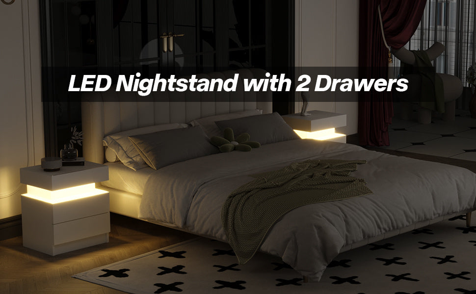 Modern White Nightstand with LED Light 2 Drawers Flipping Top Storage