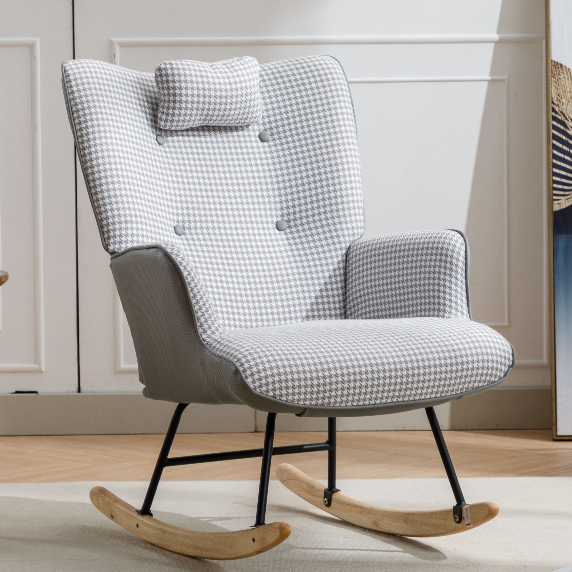 35.5-Inch Rocking Chair, Cozy Reading Chair with Houndstooth and Leather Upholstery, Comfortable Wingback Glider for Nursery, Living Room, Bedroom, or Balcony