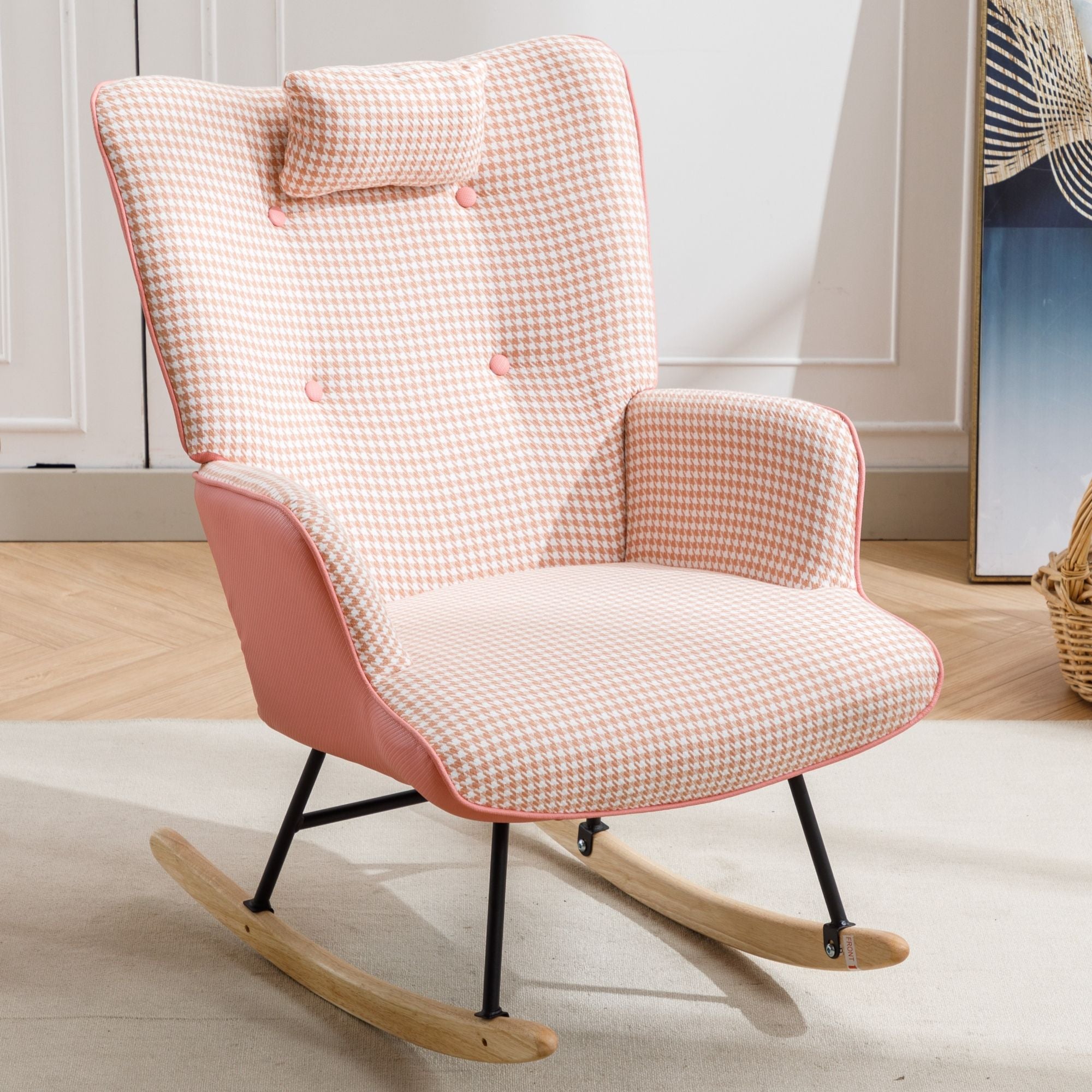 35.5-Inch Rocking Chair, Cozy Reading Chair with Houndstooth and Leather Upholstery, Comfortable Wingback Glider for Nursery, Living Room, Bedroom, or Balcony