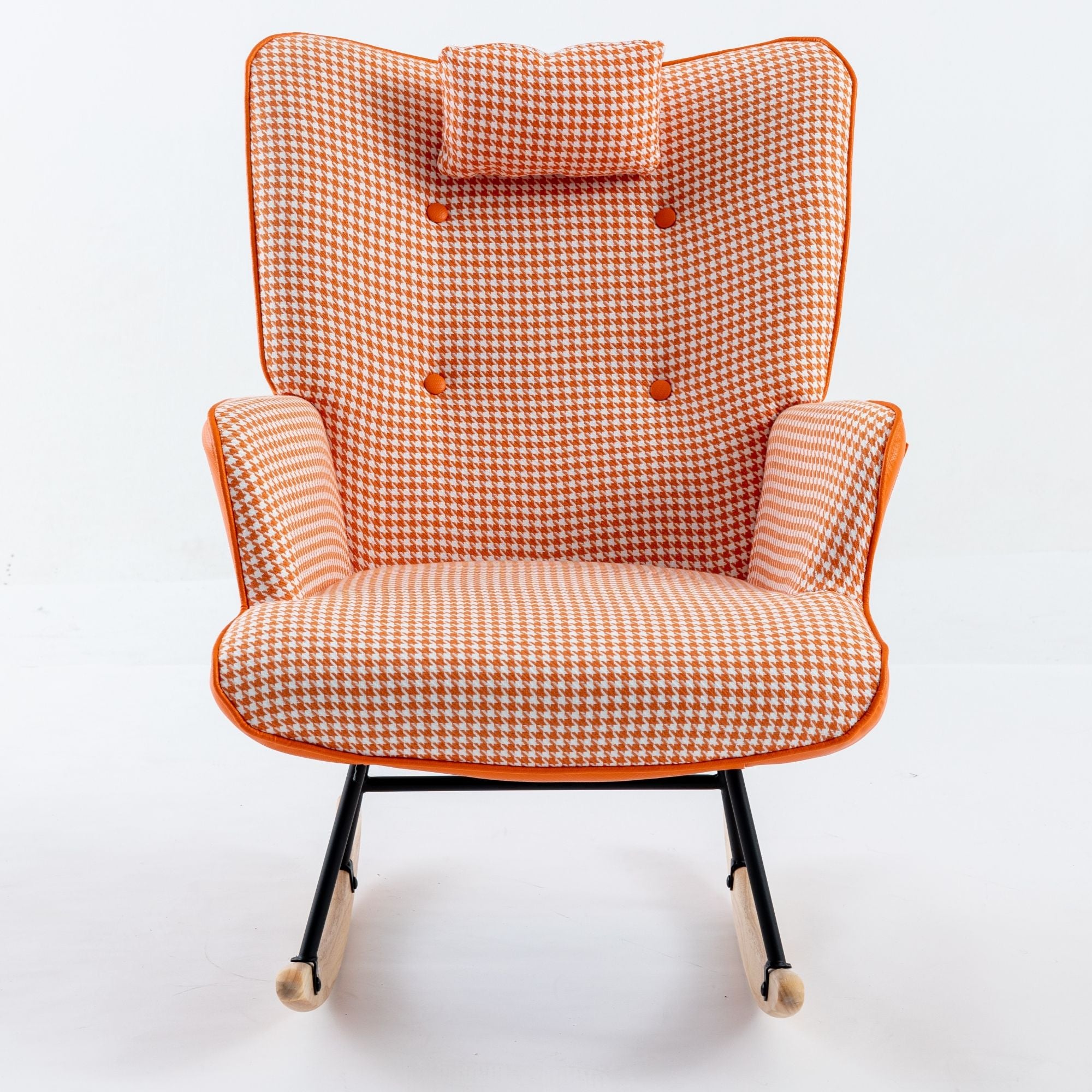 35.5-Inch Rocking Chair, Cozy Reading Chair with Houndstooth and Leather Upholstery, Comfortable Wingback Glider for Nursery, Living Room, Bedroom, or Balcony