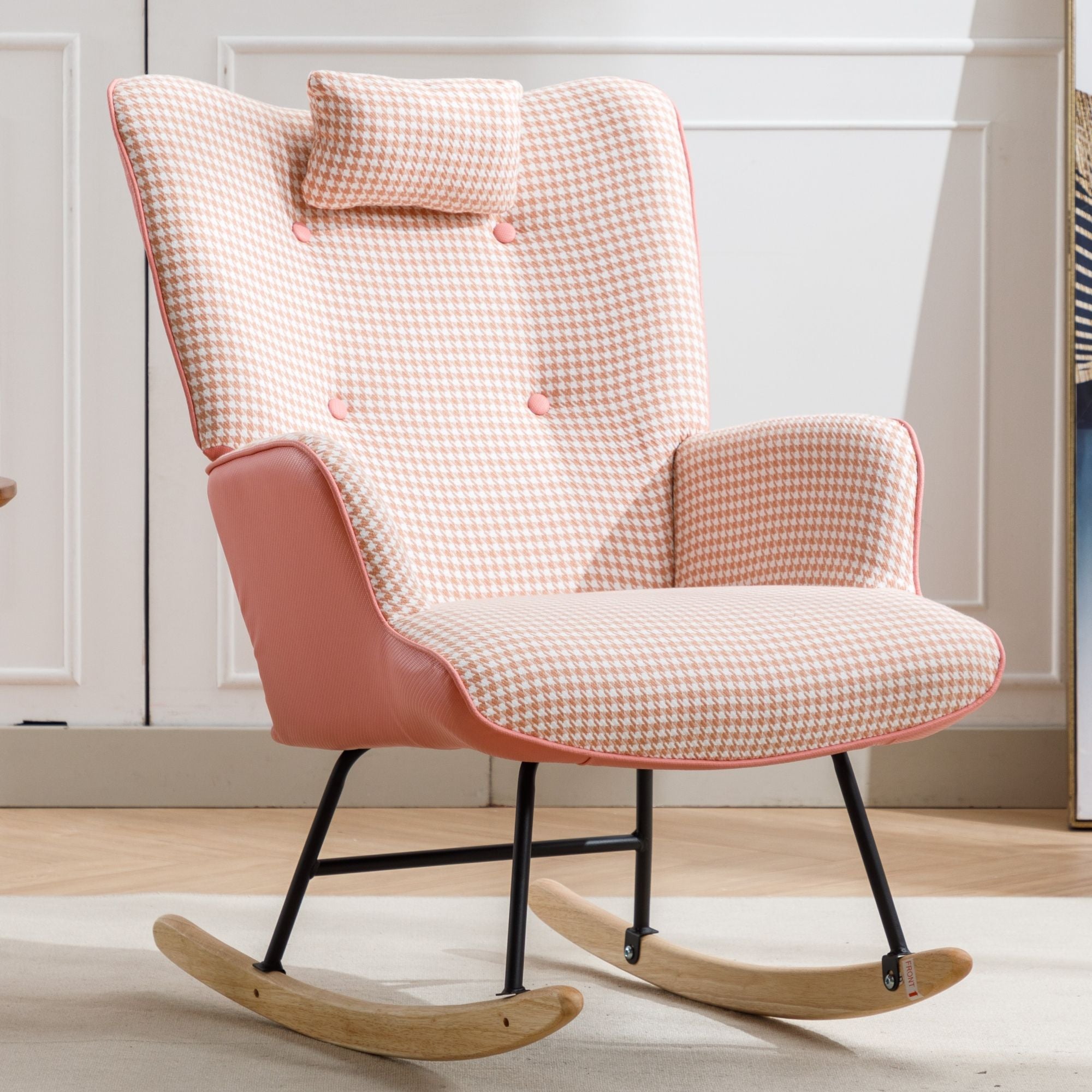35.5-Inch Rocking Chair, Cozy Reading Chair with Houndstooth and Leather Upholstery, Comfortable Wingback Glider for Nursery, Living Room, Bedroom, or Balcony