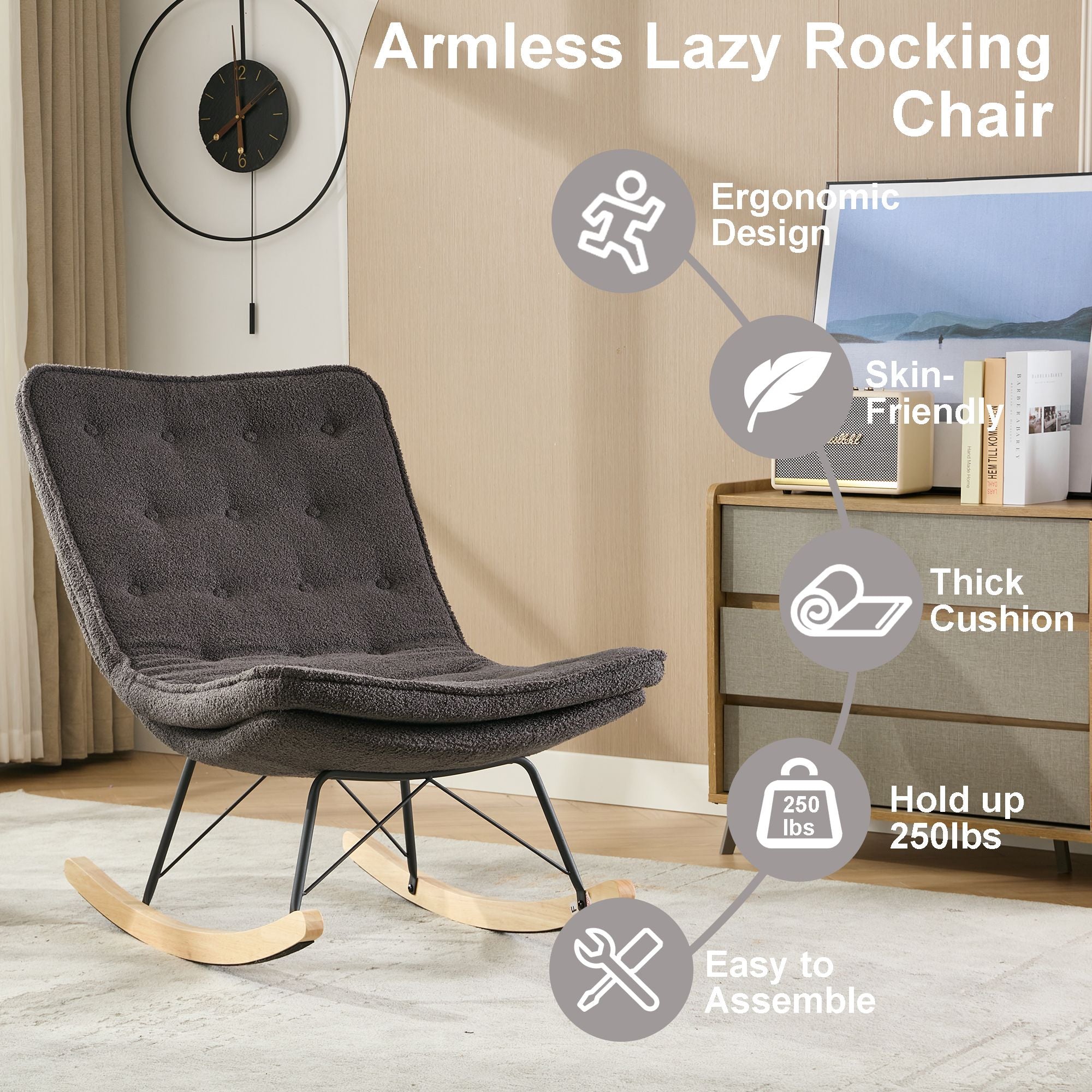 Armless Upholstered Lounge Chair with Wide Backrest and Wooden Rocking Base – Comfortable and Stylish