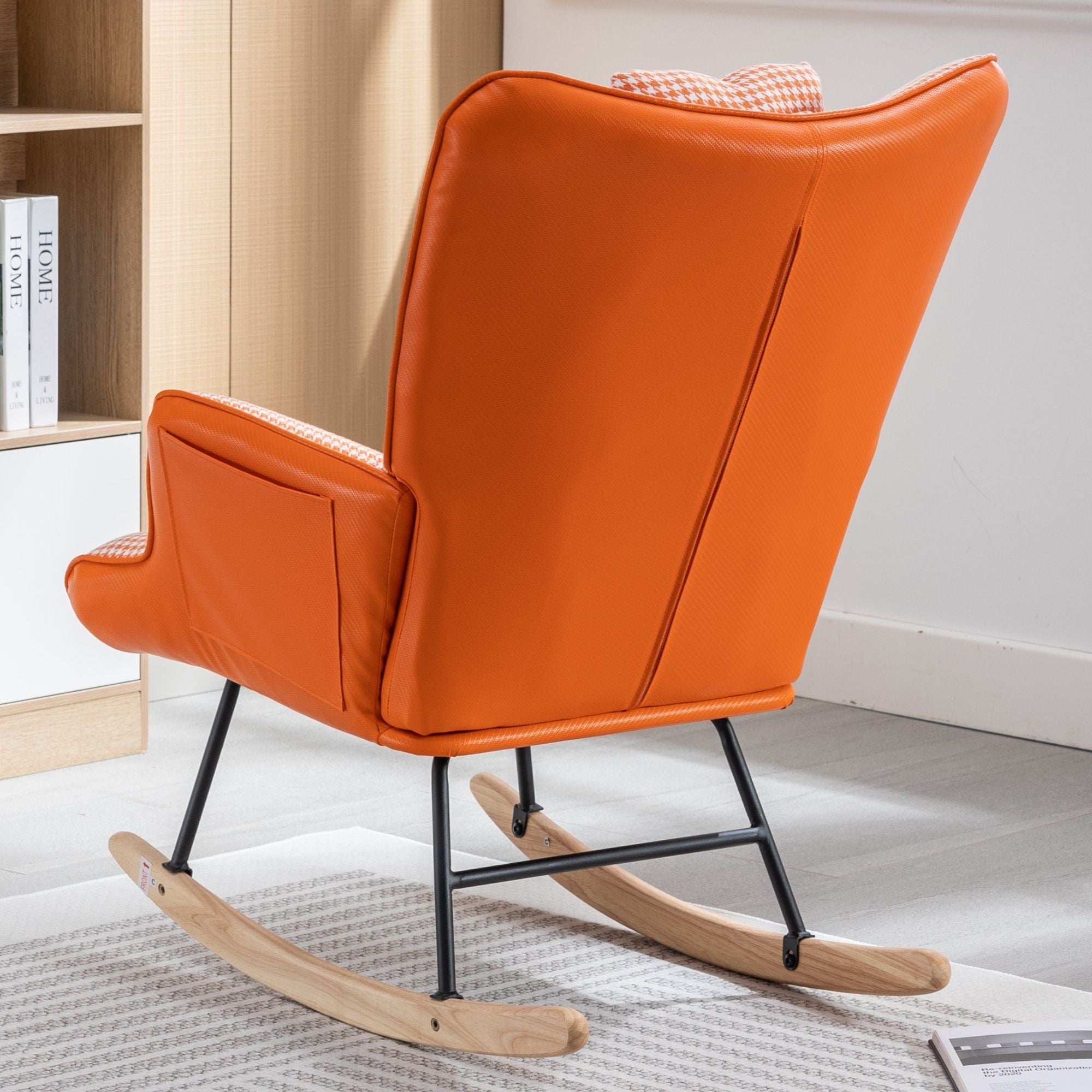 35.5-Inch Rocking Chair, Cozy Reading Chair with Houndstooth and Leather Upholstery, Comfortable Wingback Glider for Nursery, Living Room, Bedroom, or Balcony