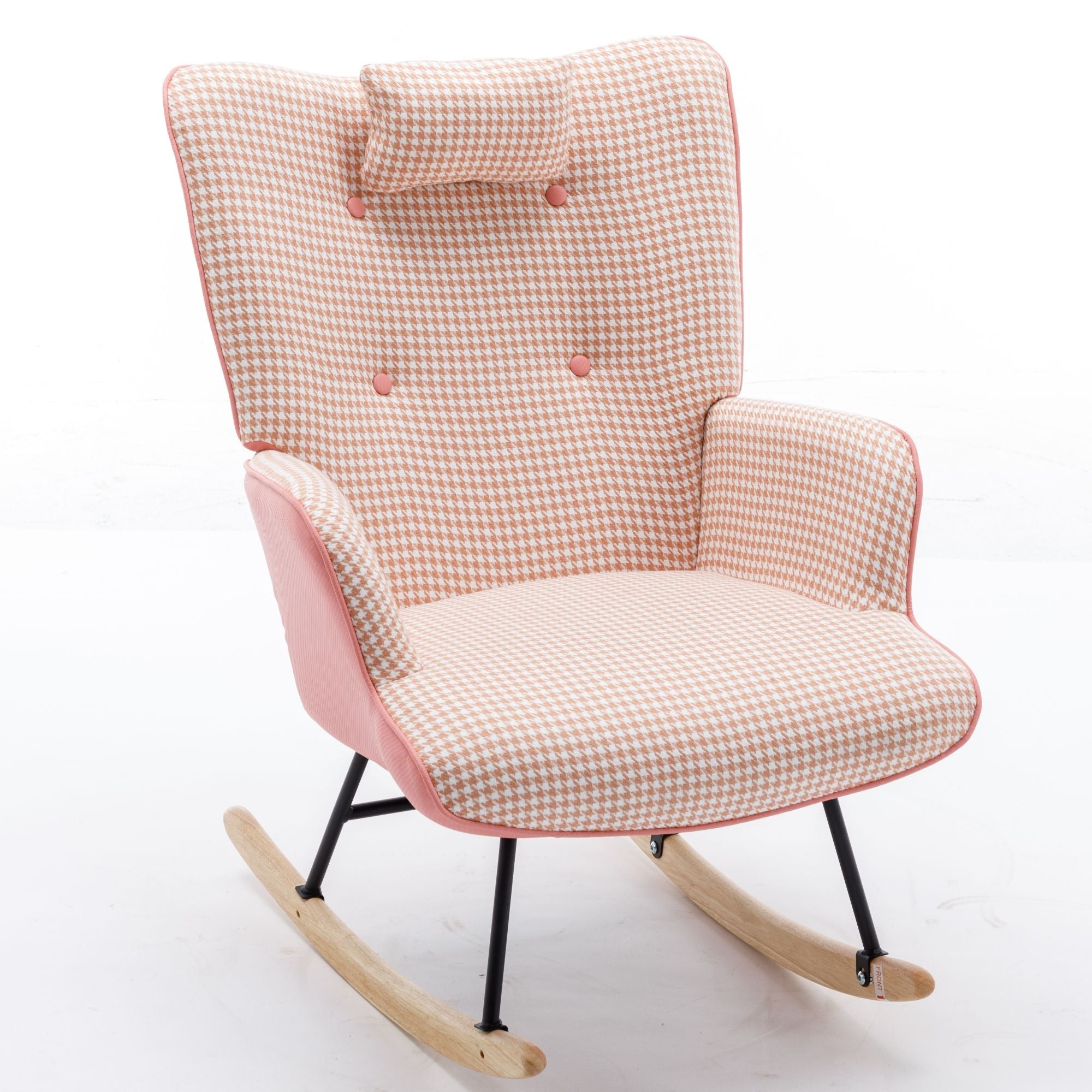 35.5-Inch Rocking Chair, Cozy Reading Chair with Houndstooth and Leather Upholstery, Comfortable Wingback Glider for Nursery, Living Room, Bedroom, or Balcony