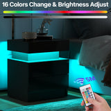 Modern Wood Black Nightstand for Bedroom Furniture with LED Light 2 Drawers Flipping Top Storage Bedside Table