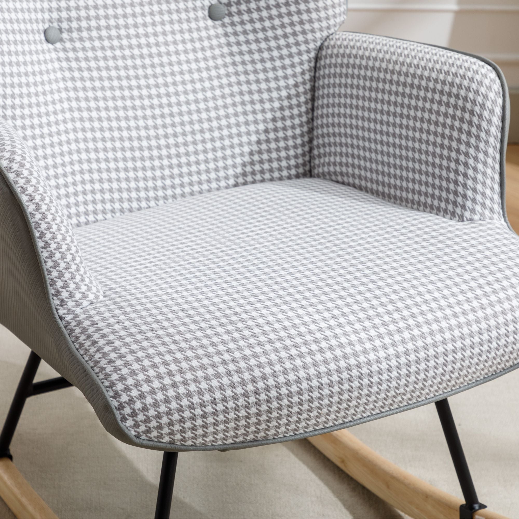 35.5-Inch Rocking Chair, Cozy Reading Chair with Houndstooth and Leather Upholstery, Comfortable Wingback Glider for Nursery, Living Room, Bedroom, or Balcony