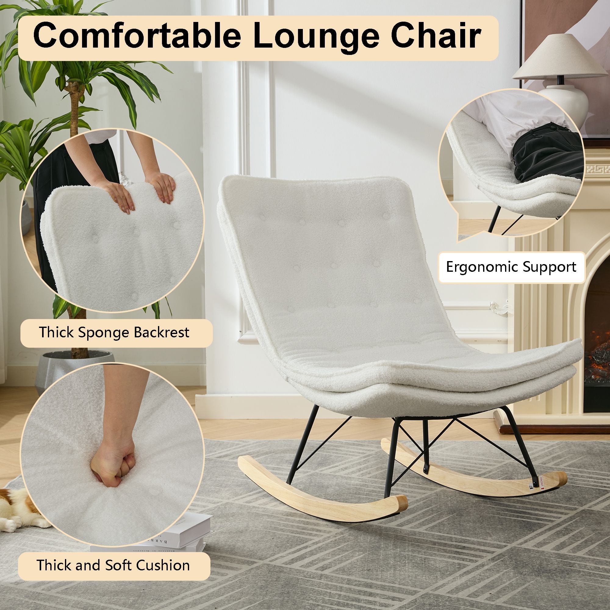 Armless Upholstered Lounge Chair with Wide Backrest and Wooden Rocking Base – Comfortable and Stylish