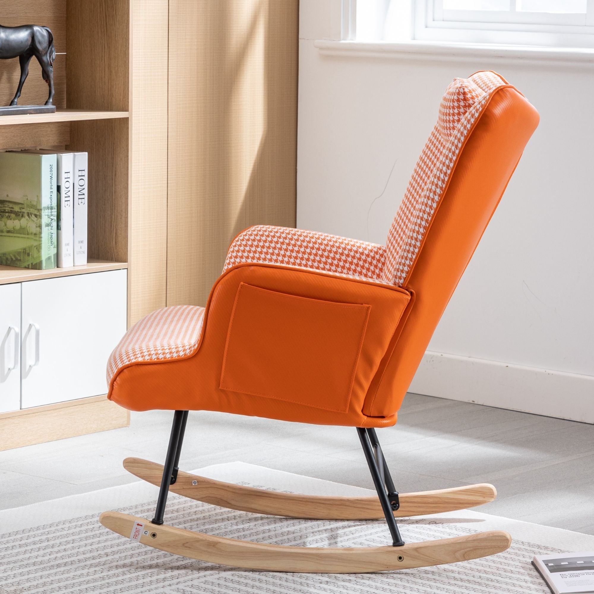 35.5-Inch Rocking Chair, Cozy Reading Chair with Houndstooth and Leather Upholstery, Comfortable Wingback Glider for Nursery, Living Room, Bedroom, or Balcony