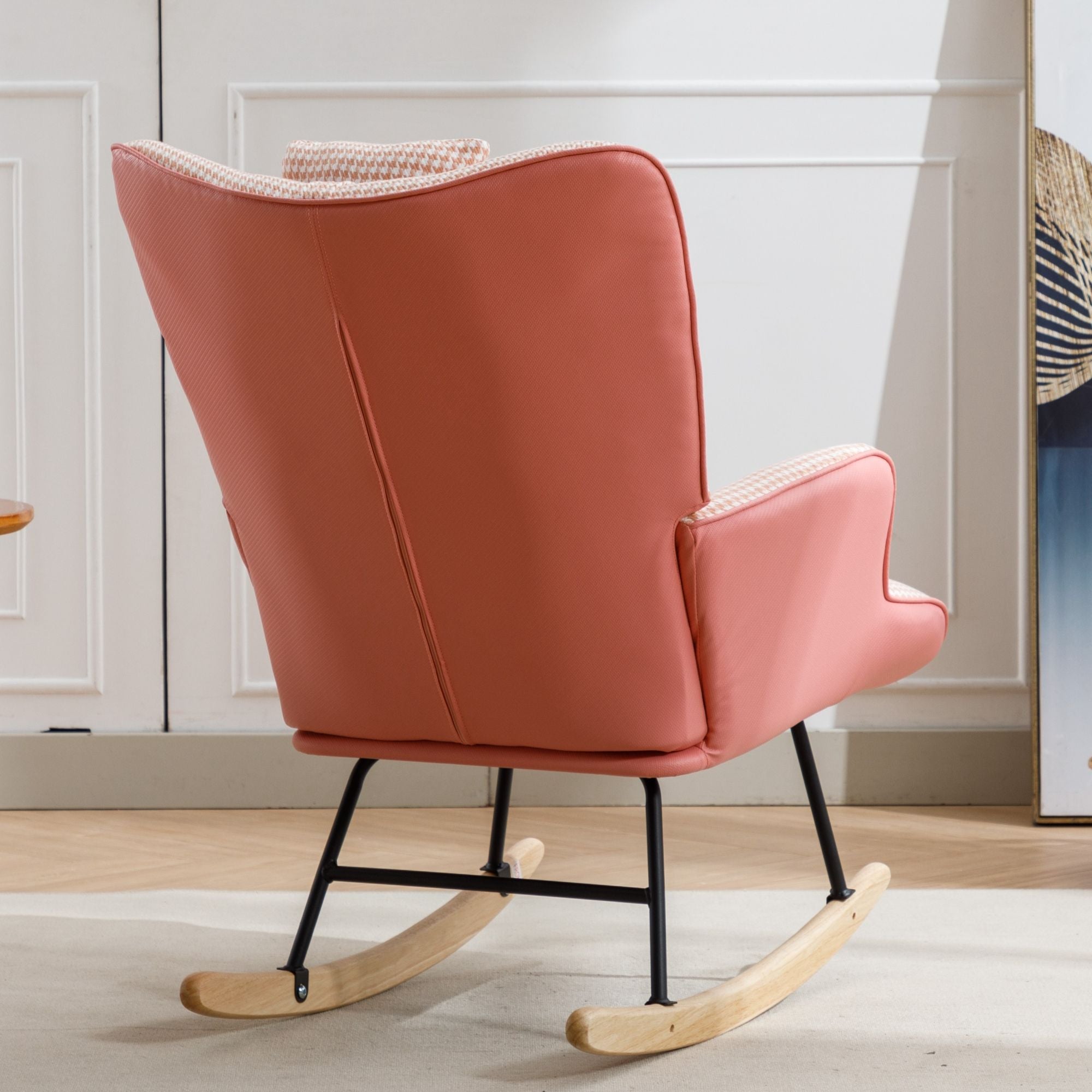 35.5-Inch Rocking Chair, Cozy Reading Chair with Houndstooth and Leather Upholstery, Comfortable Wingback Glider for Nursery, Living Room, Bedroom, or Balcony