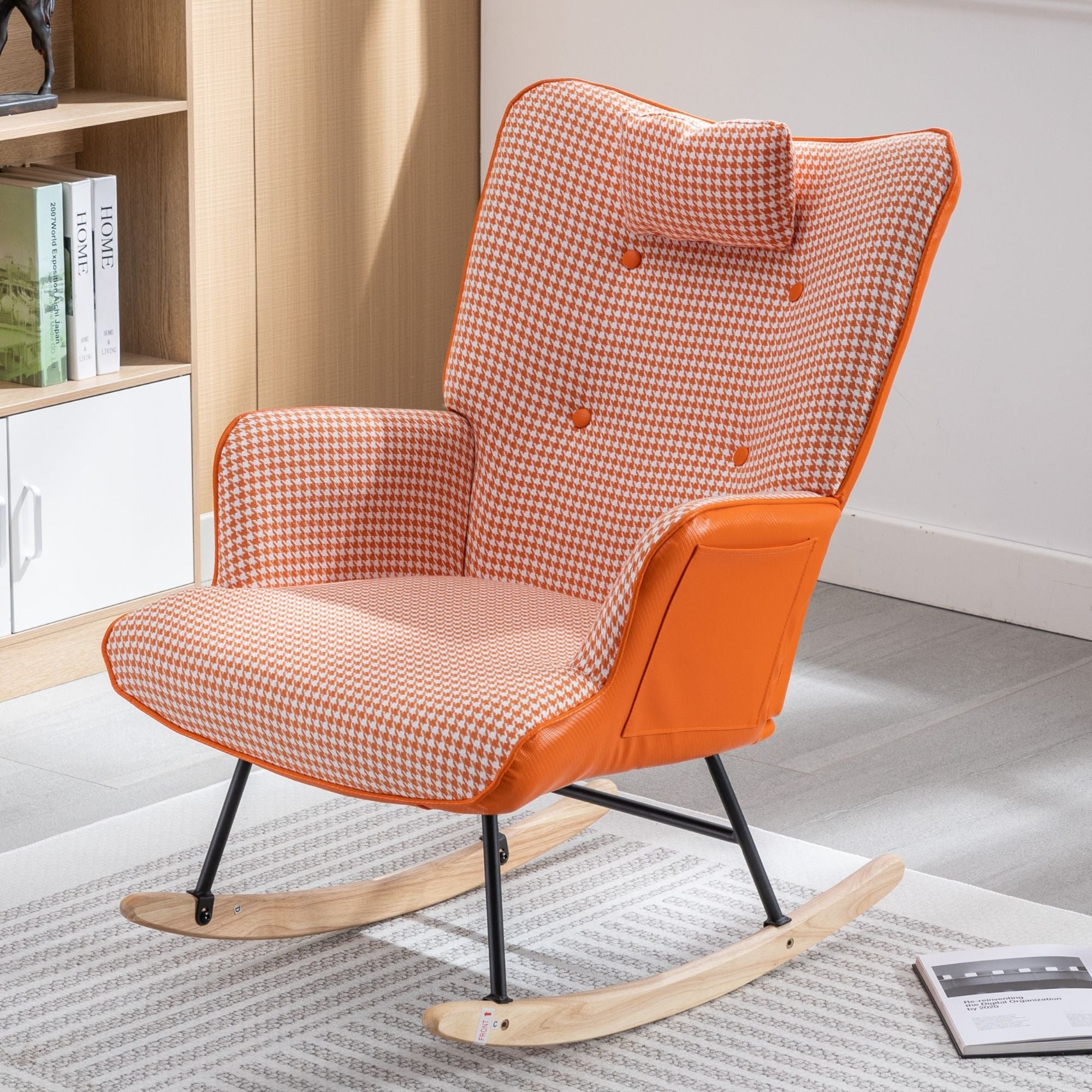 35.5-Inch Rocking Chair, Cozy Reading Chair with Houndstooth and Leather Upholstery, Comfortable Wingback Glider for Nursery, Living Room, Bedroom, or Balcony