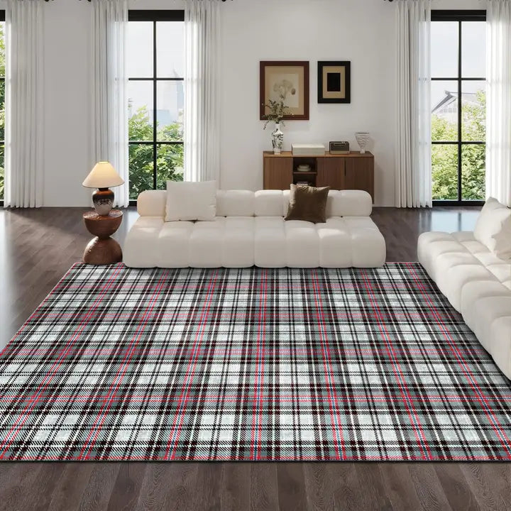 Pebble Red Plaid Area Rug – Machine Washable Chenille & Cotton Kilim, Non-Slip, Stain-Resistant, Vintage Boho Decorative Rug for Living Room, Bedroom & High-Traffic Areas