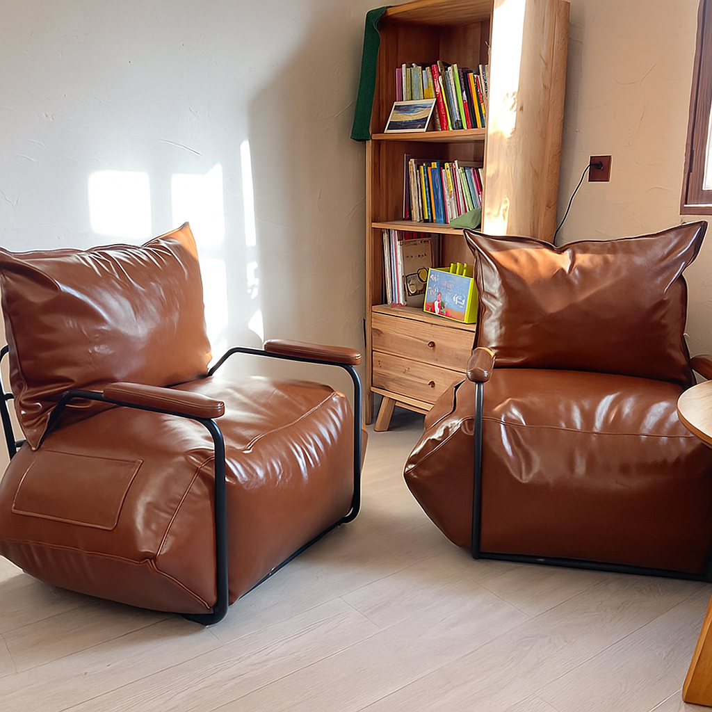 Single Faux Leather Bean Sofa Chair – Modern Lounge Seat with Side Pocket