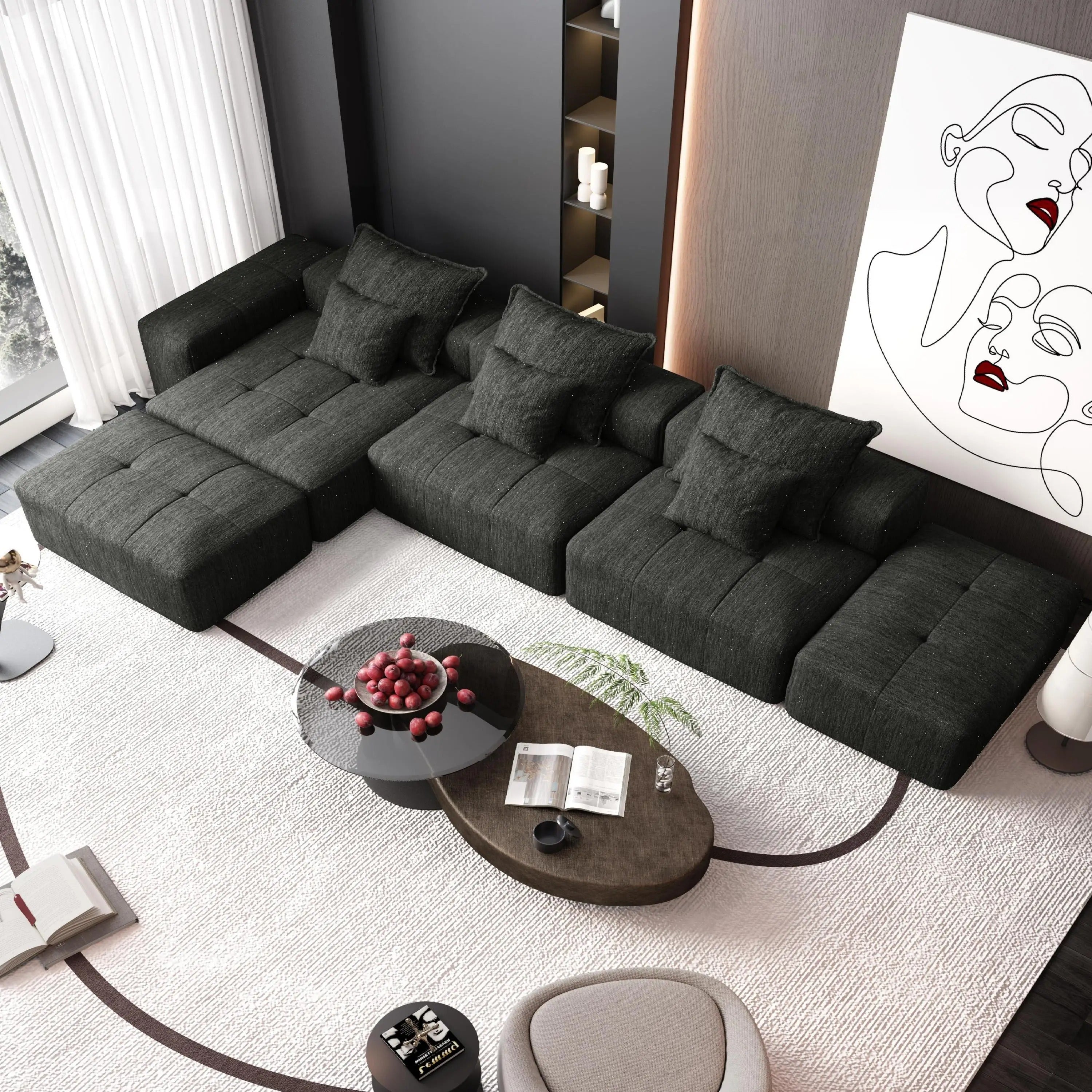 Modern Oversized Modular Sectional Sofa – Black Chenille Tufted Couch with 6 Pillows, 6-Piece DIY Combination, No Assembly Required