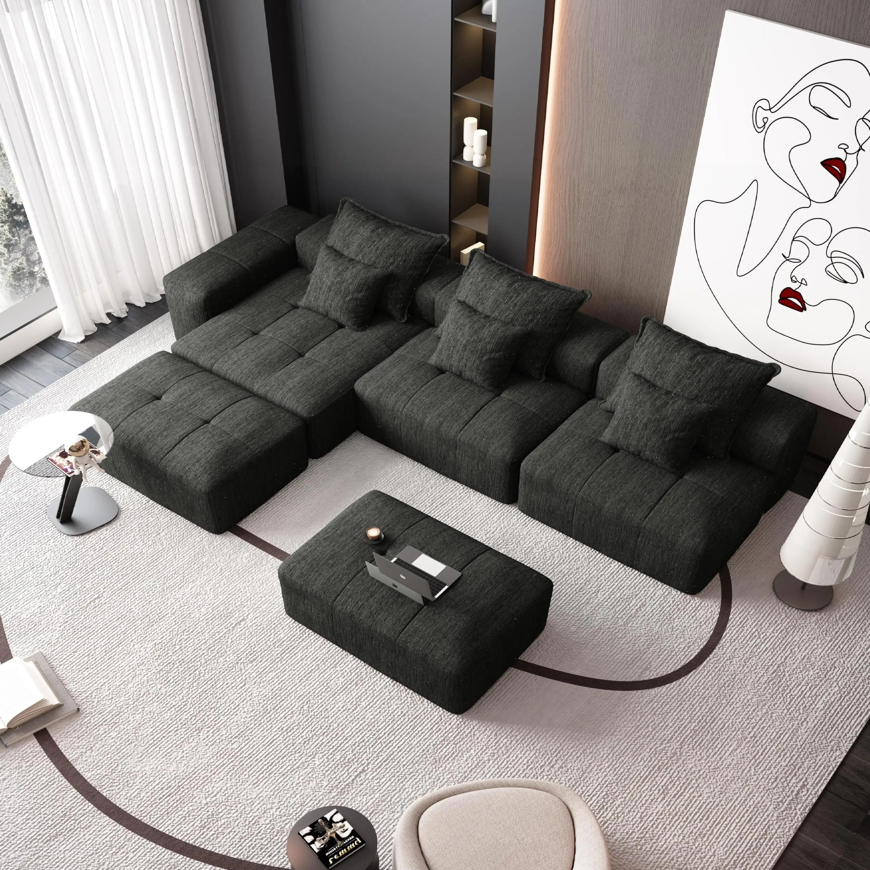 Modern Oversized Modular Sectional Sofa – Black Chenille Tufted Couch with 6 Pillows, 6-Piece DIY Combination, No Assembly Required