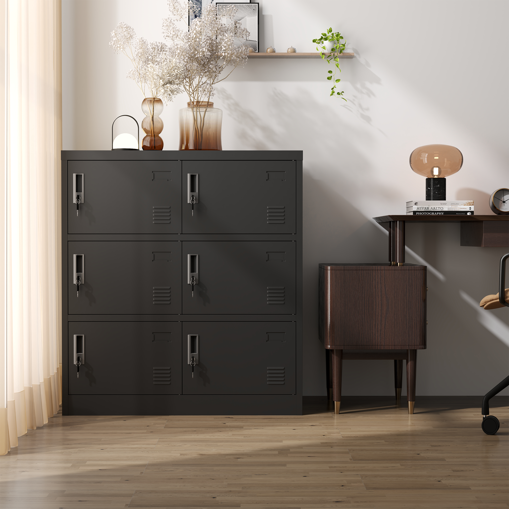 6-Door Black Metal Storage Locker with Lock & Card Slot – Secure, Durable Organizer for Office, Gym, School, or Home