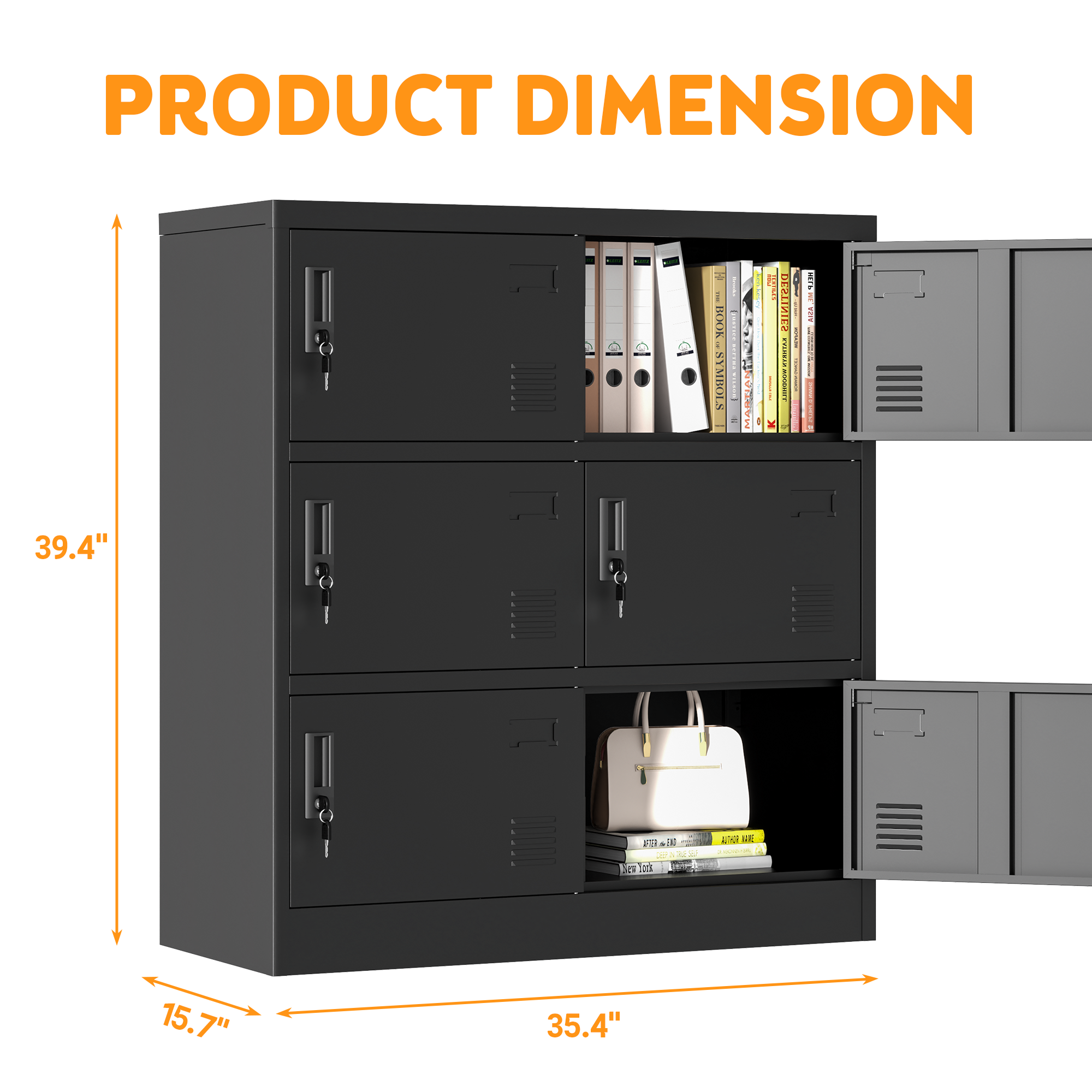 6-Door Black Metal Storage Locker with Lock & Card Slot – Secure, Durable Organizer for Office, Gym, School, or Home