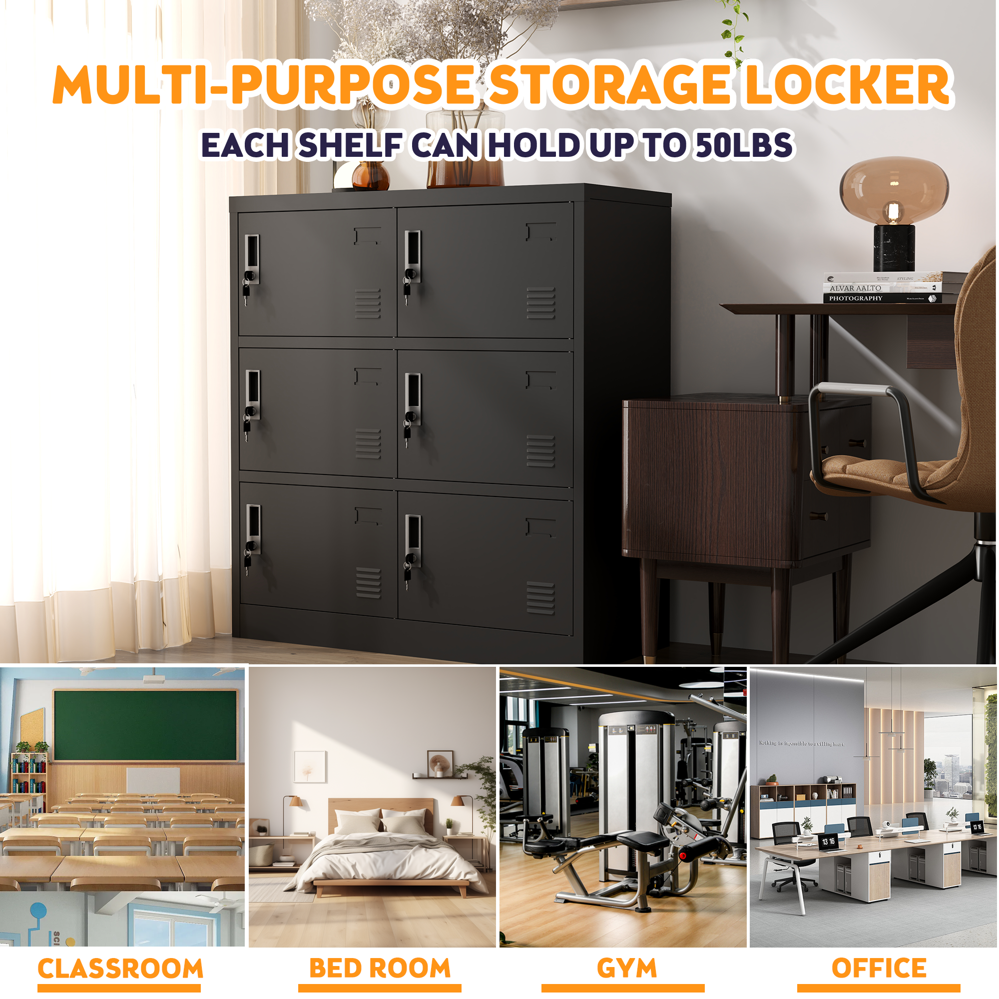 6-Door Black Metal Storage Locker with Lock & Card Slot – Secure, Durable Organizer for Office, Gym, School, or Home