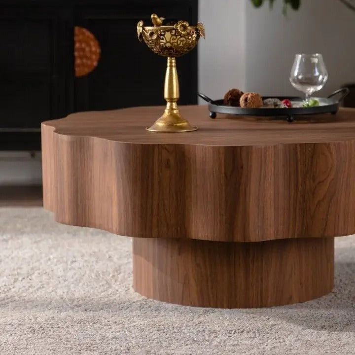 Scalloped Round Coffee Table – Walnut MDF Accent Table