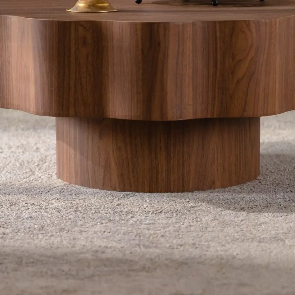 Scalloped Round Coffee Table – Walnut MDF Accent Table