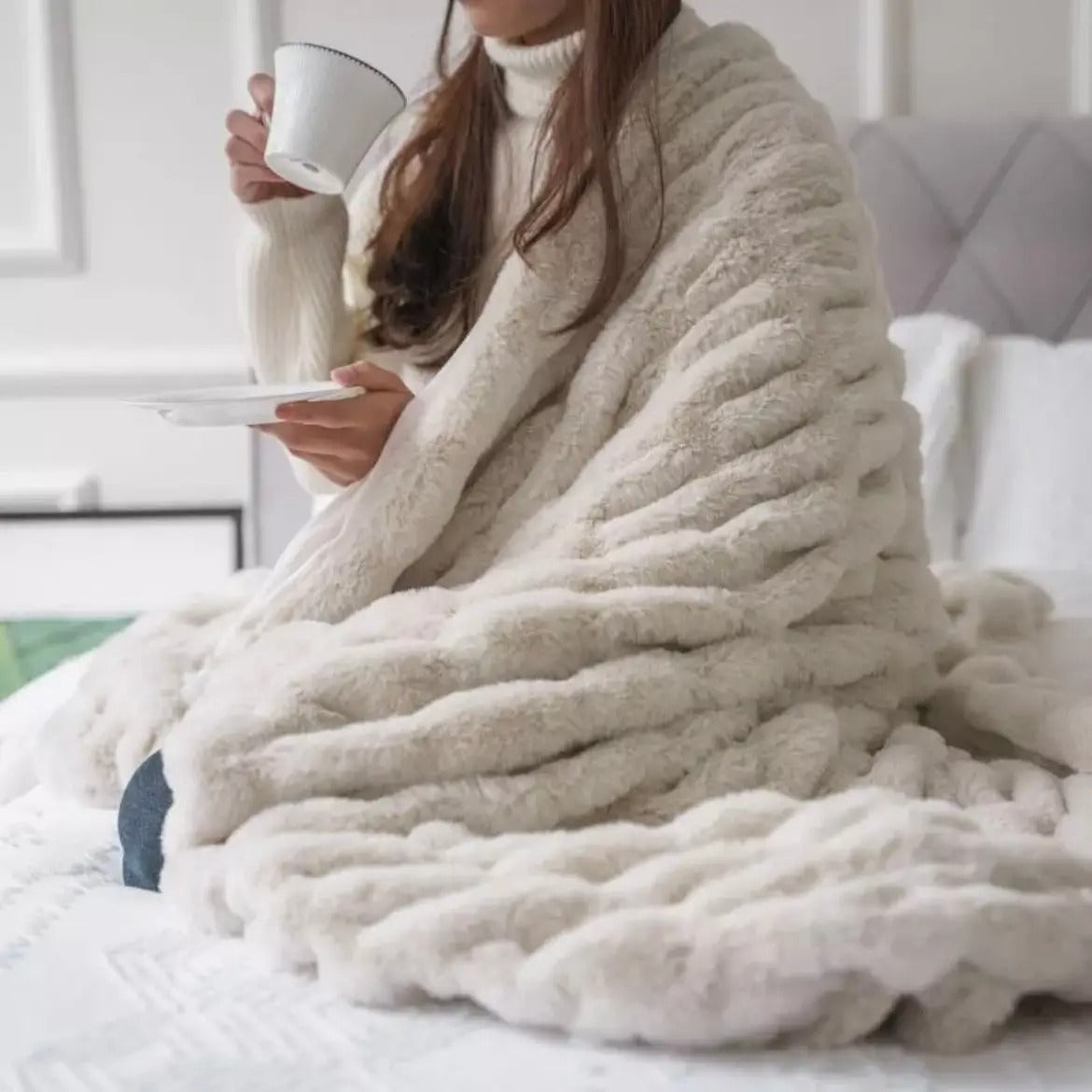 Soft Ruched Faux Fur Throw Blanket – Set Of 2 Ultra Plush Cozy Reversible Minky Blanket, 50x60", Multiple Colors