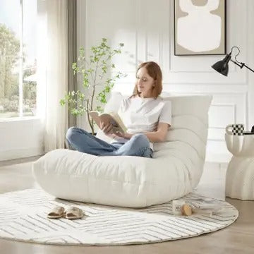 Armless Chenille Lazy Floor Lounge Chair – Ergonomic Floor Sofa with High-Density Foam, Lightweight & Compact Design for Living Room, Bedroom, Salon, White