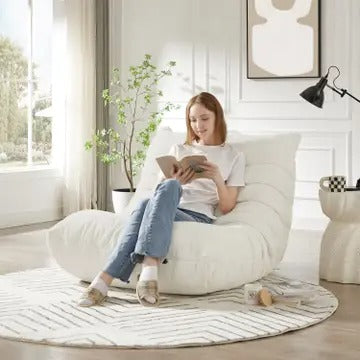 Armless Chenille Lazy Floor Lounge Chair – Ergonomic Floor Sofa with High-Density Foam, Lightweight & Compact Design for Living Room, Bedroom, Salon, White