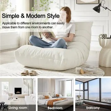 Armless Chenille Lazy Floor Lounge Chair – Ergonomic Floor Sofa with High-Density Foam, Lightweight & Compact Design for Living Room, Bedroom, Salon, White