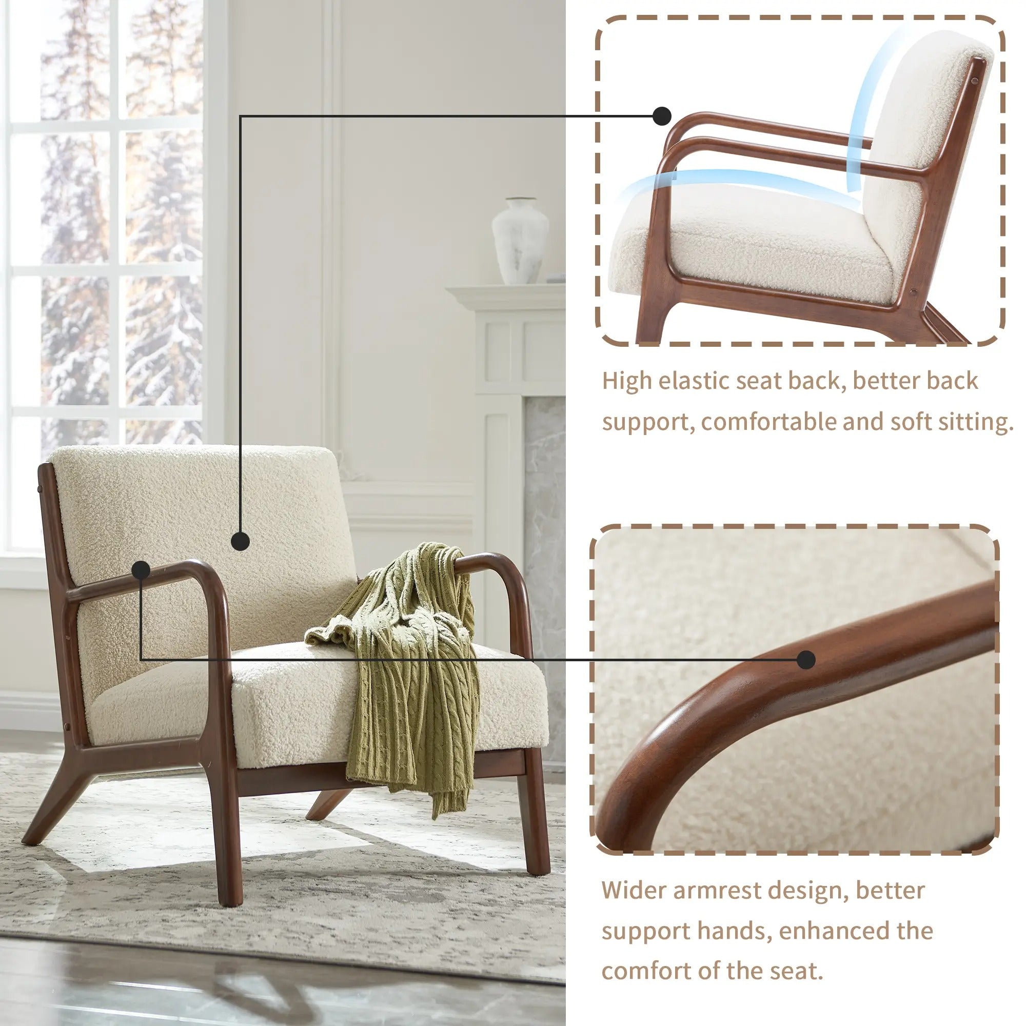 Leisure Armchair Mid-Century Modern Chair – Upholstered Single-Seater Accent Chair with Solid Wood Frame