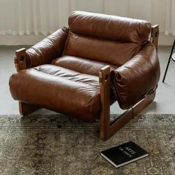Wide Oil Wax Leather Accent Chair – Solid Wood Upholstered Lounge Chair, American Vintage Retro Design with Deep Seat & Plush Cotton Comfort