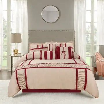 7-Piece Taupe & Burgundy Hypoallergenic Microfiber Ruffle Patchwork Comforter Set with Decorative Pillows – King Size