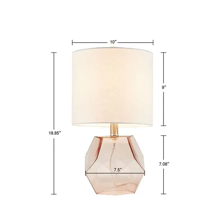 Pink Geometric Glass Table Lamp with White Drum Shade – 18.8" Modern Accent Light