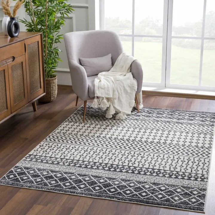 Hauteloom Constantin Area Rug – Black & Ivory Aztec Moroccan Boho Farmhouse Style, Machine-Woven Polypropylene, Medium Pile