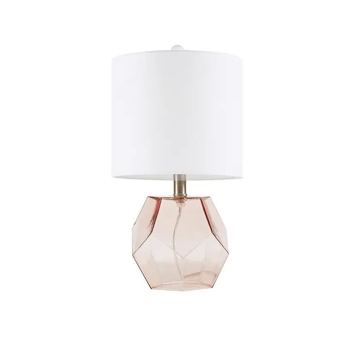 Pink Geometric Glass Table Lamp with White Drum Shade – 18.8" Modern Accent Light