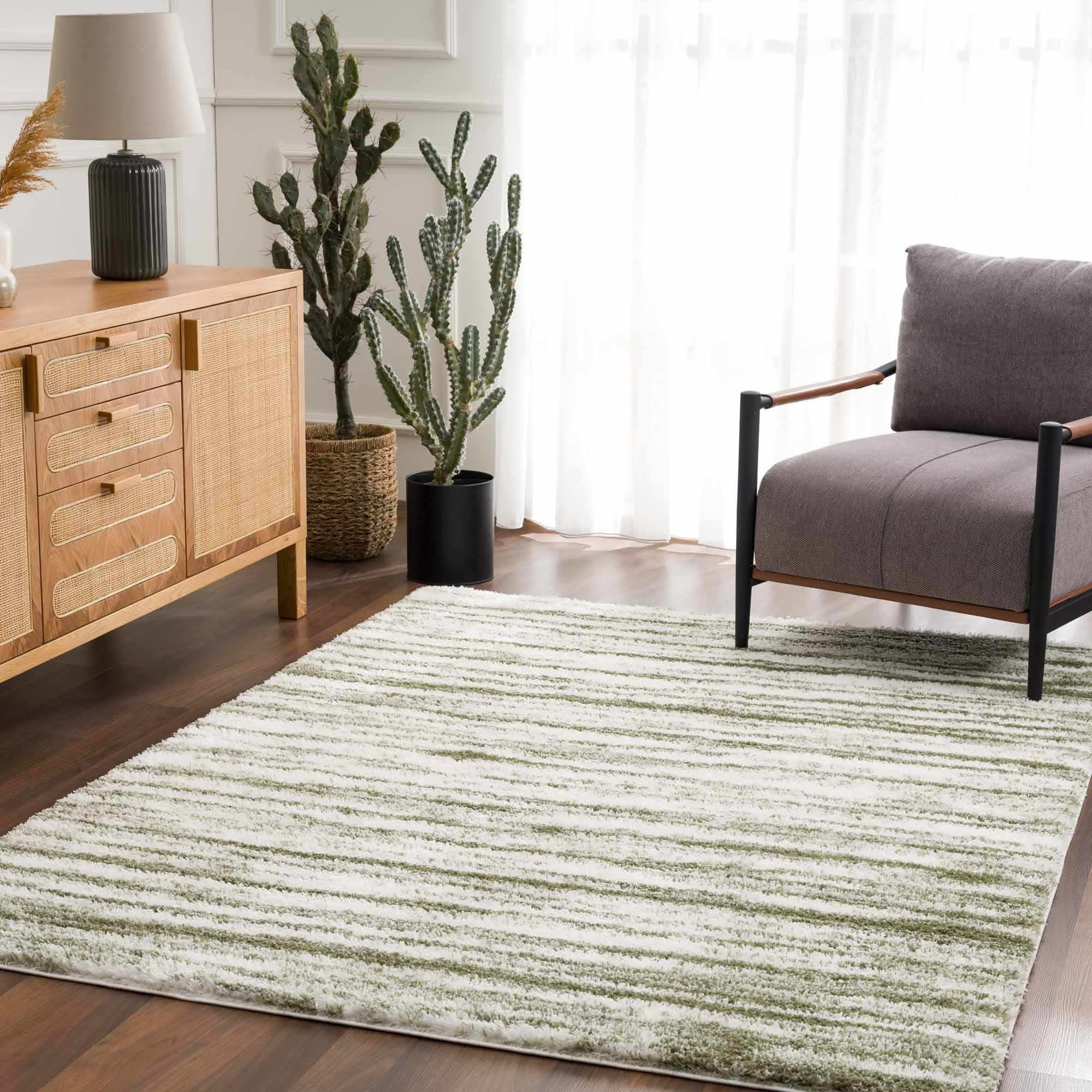 Lucus Green & White Shag Area Rug – Plush Modern Abstract Rug by Hauteloom