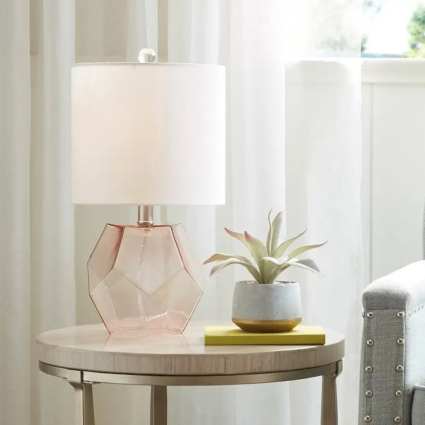 Pink Geometric Glass Table Lamp with White Drum Shade – 18.8" Modern Accent Light