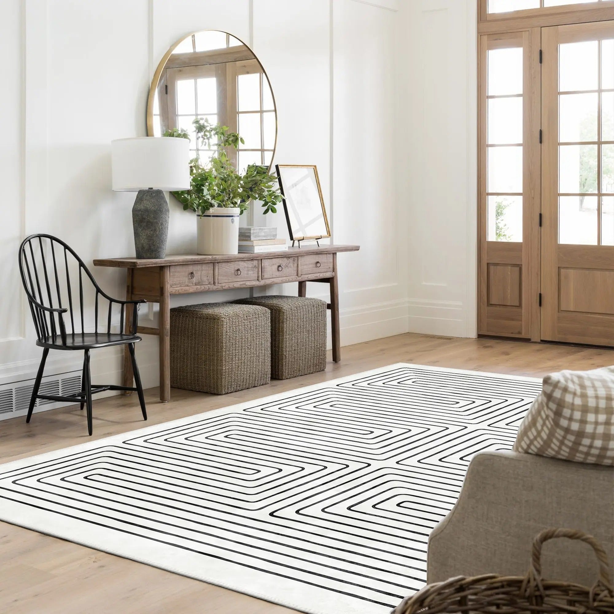 Cove White & Black Area Rug – Machine Washable Cotton Chenille Kilim, Non-Slip, Stain-Resistant