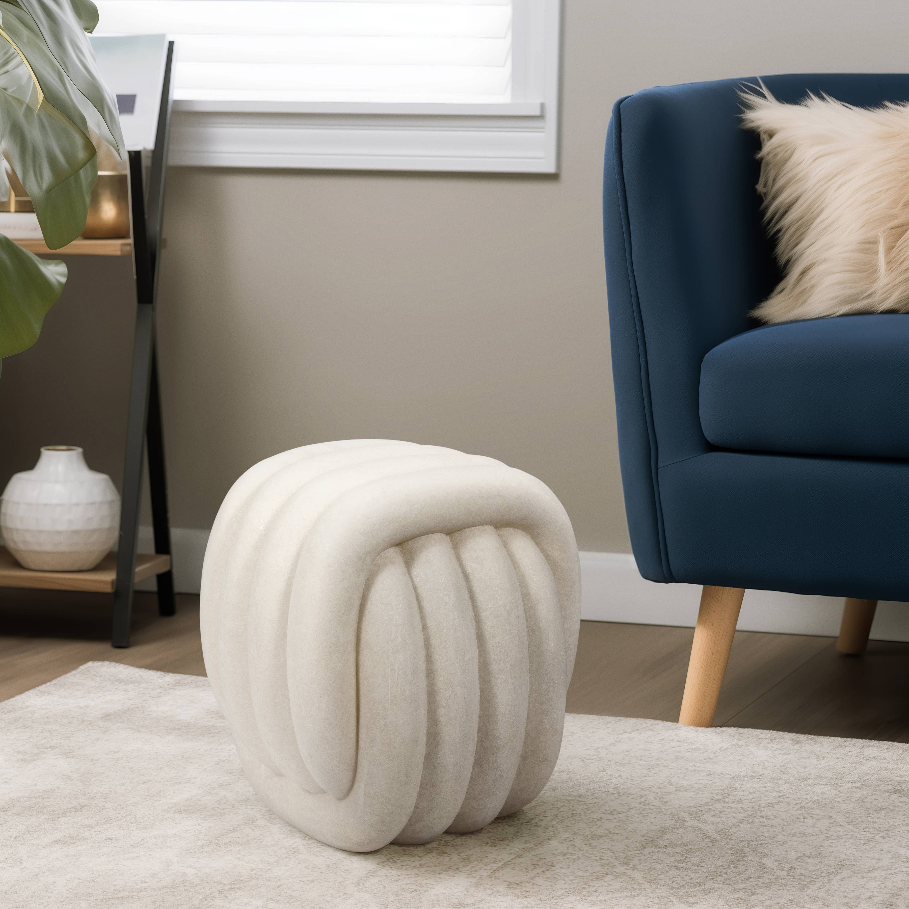 White Sculptural Knot Stool – Modern Resin Backless Accent Seat, 18"