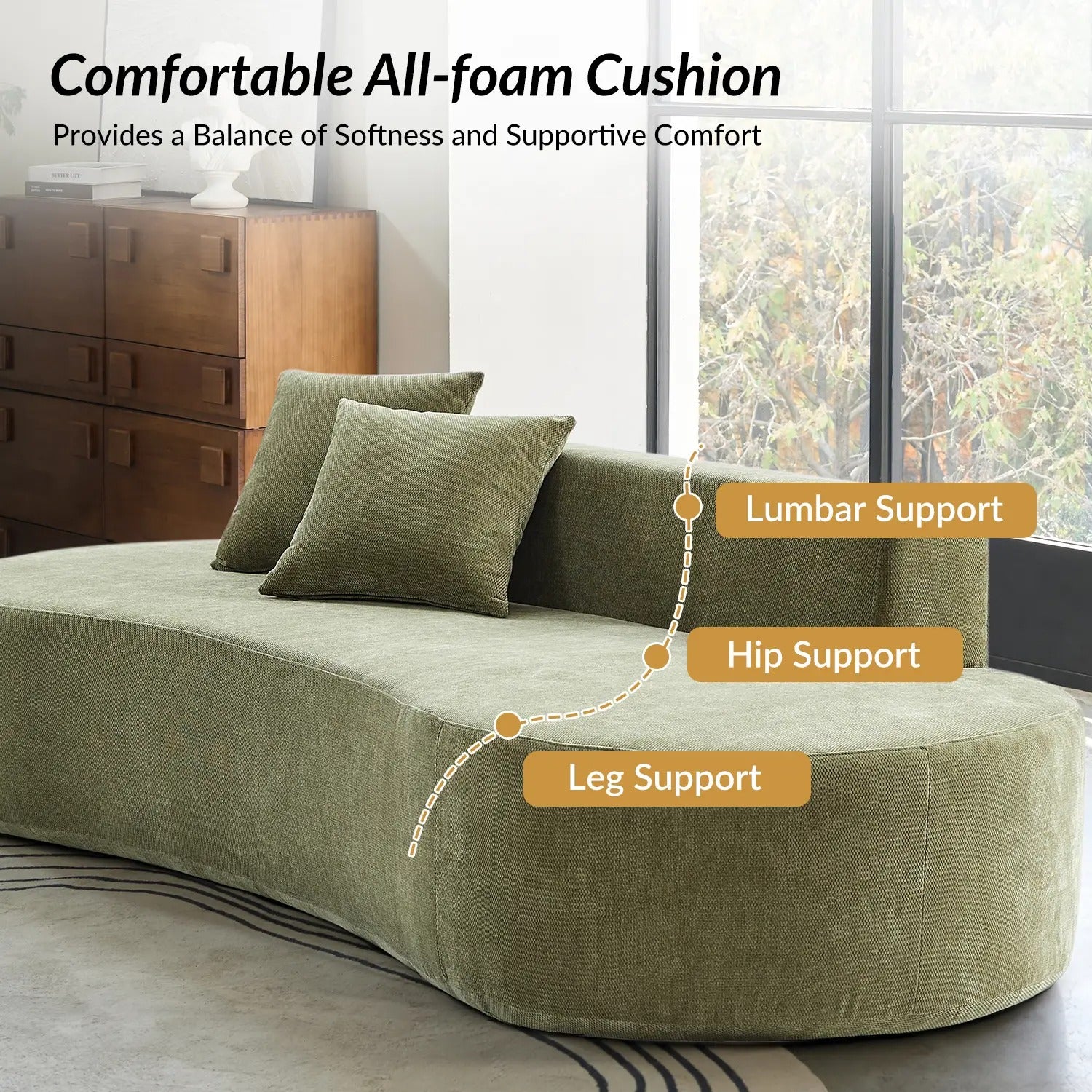 Nerio Modern Foam Sofa with Throw Pillows – Tool-Free Assembly, Compressed Delivery, Contemporary Couch for Living Room or Apartment