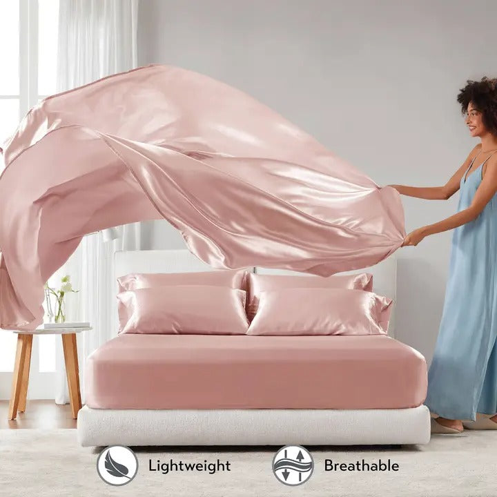Luxury Satin 6-Piece Sheet Set – Silky Smooth, Wrinkle-Free, OEKO-TEX Certified, Blush Pink (Full, Queen, King, Cal King)