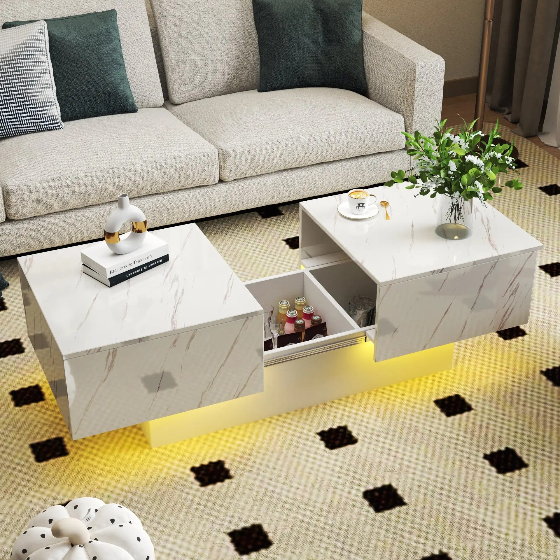 Expandable LED Coffee Table with Hidden Storage – Sliding Top Modern Living Room Table, Extends to 57 Inches