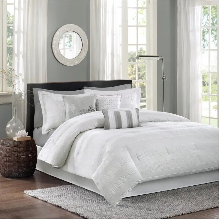 Striped Wrinkle 7-Piece Comforter Set, White