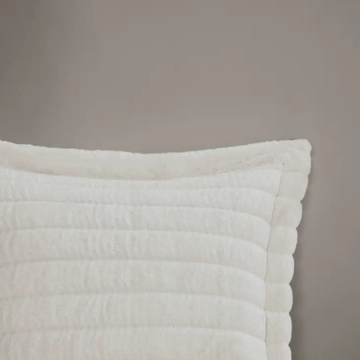 Striped Faux Fur Plush Comforter Mini Set, Ivory
