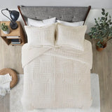 3-Piece Faux Faur Checkbord Comforter Set, Ivory