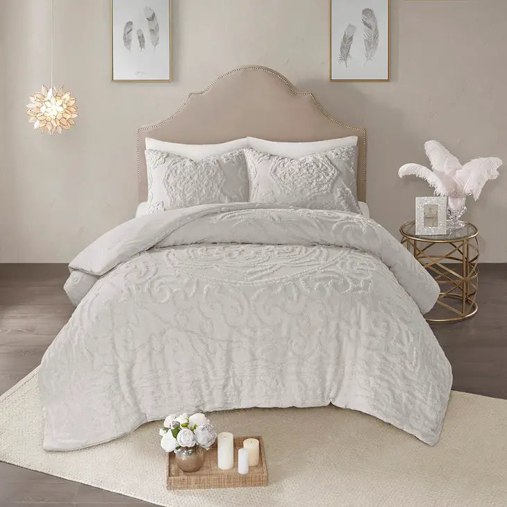 Tufted Medallion Comforter/Duvet Cover Mini Set, Grey